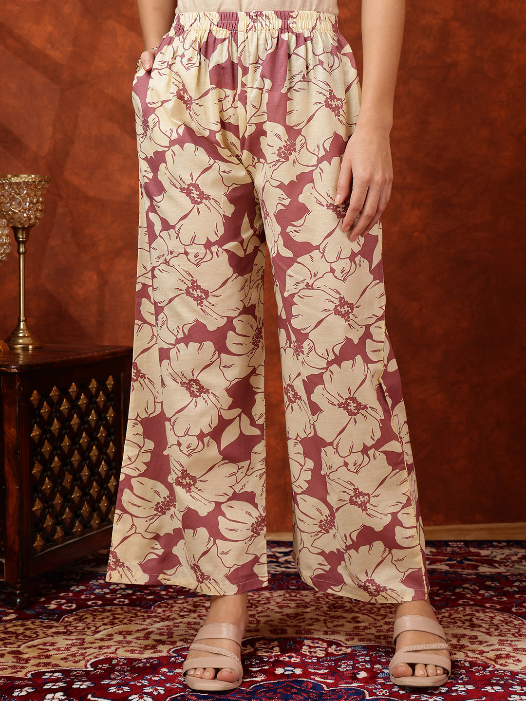 Floral Printed Designer Collared Kurta With Palazzo, Pink - Hiral Fashion