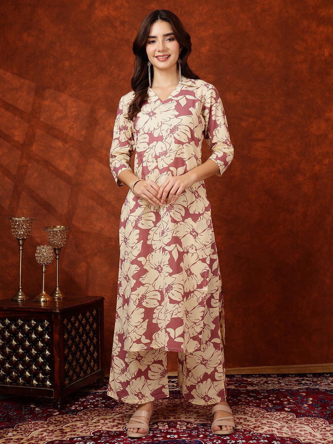 Floral Printed Designer Collared Kurta With Palazzo, Pink - Hiral Fashion