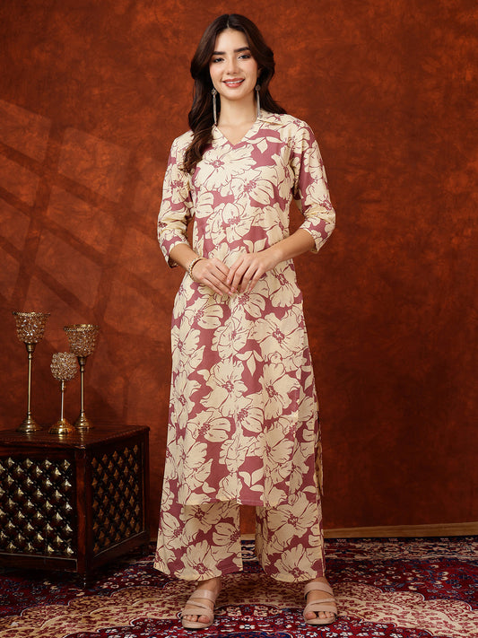 Floral Printed Designer Collared Kurta With Palazzo, Pink - Hiral Fashion