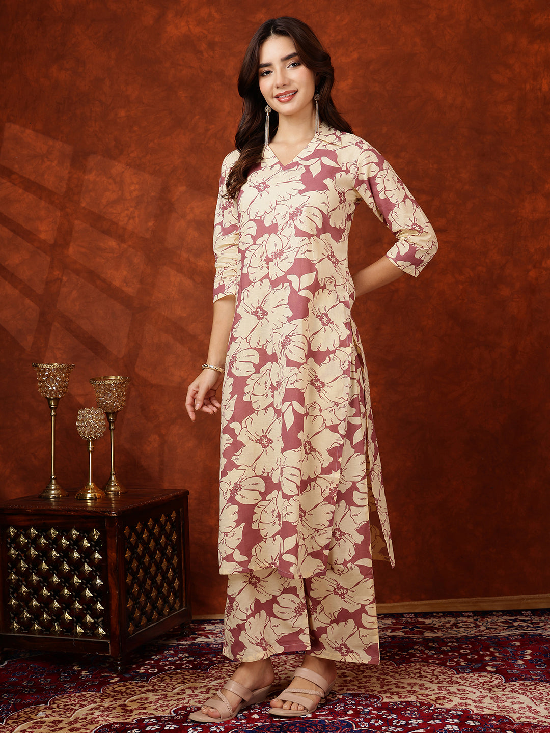 Floral Printed Designer Collared Kurta With Palazzo, Pink - Hiral Fashion