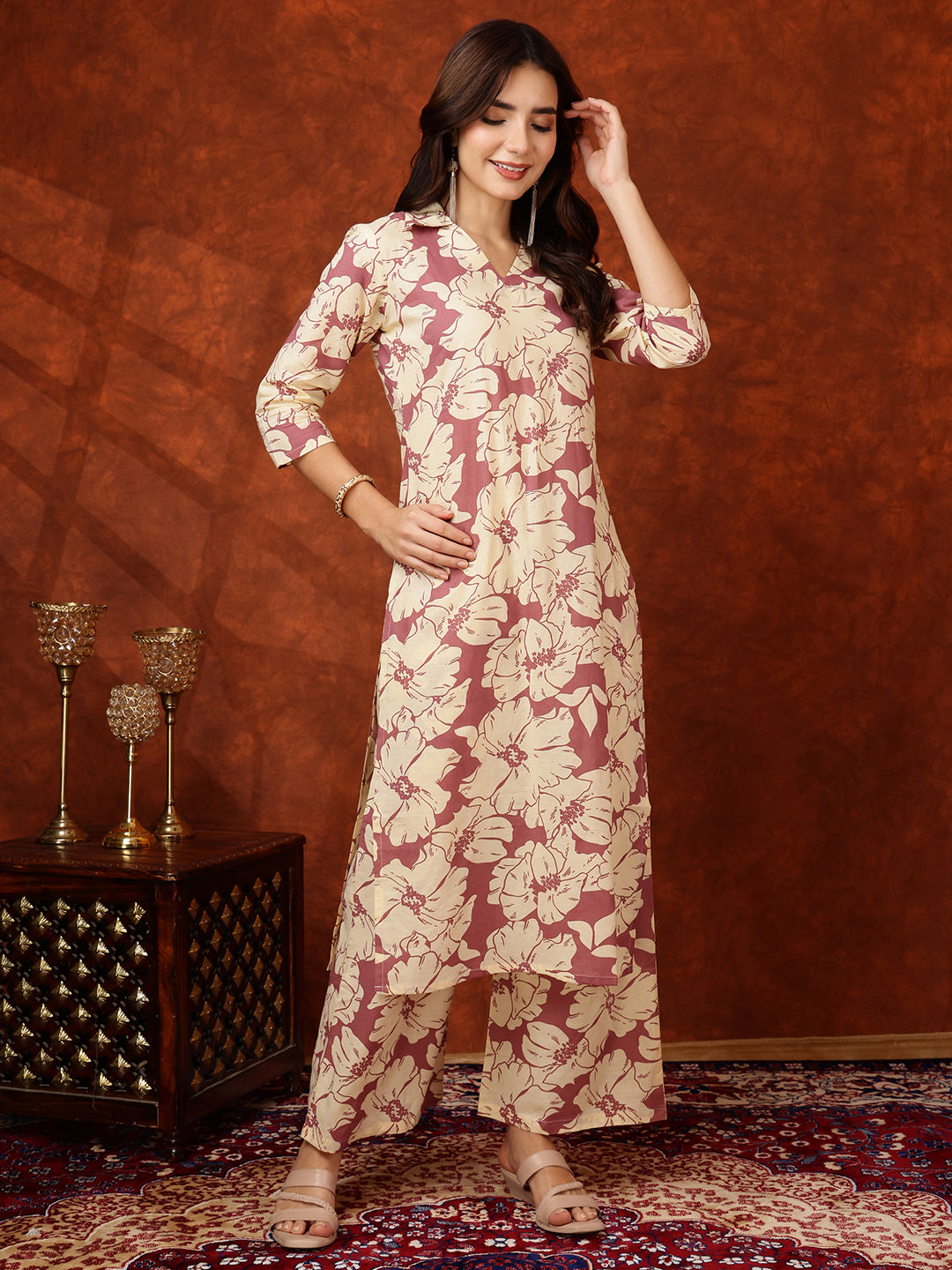 Floral Printed Designer Collared Kurta With Palazzo, Pink - Hiral Fashion