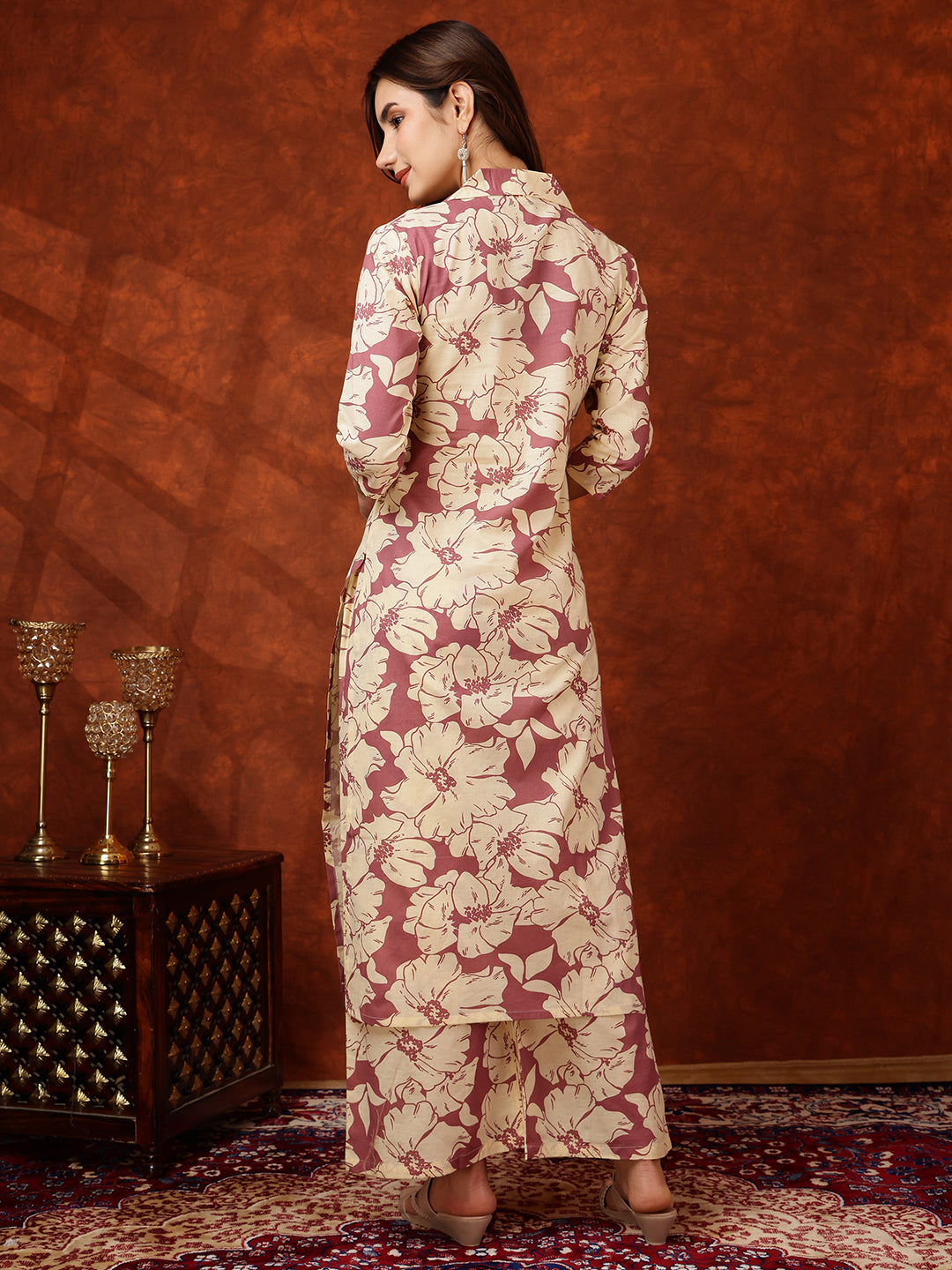 Floral Printed Designer Collared Kurta With Palazzo, Pink - Hiral Fashion