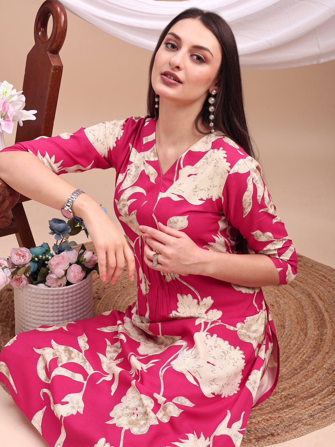 Floral Printed Kurta With Palazzo Pant, Pink - Hiral Fashion