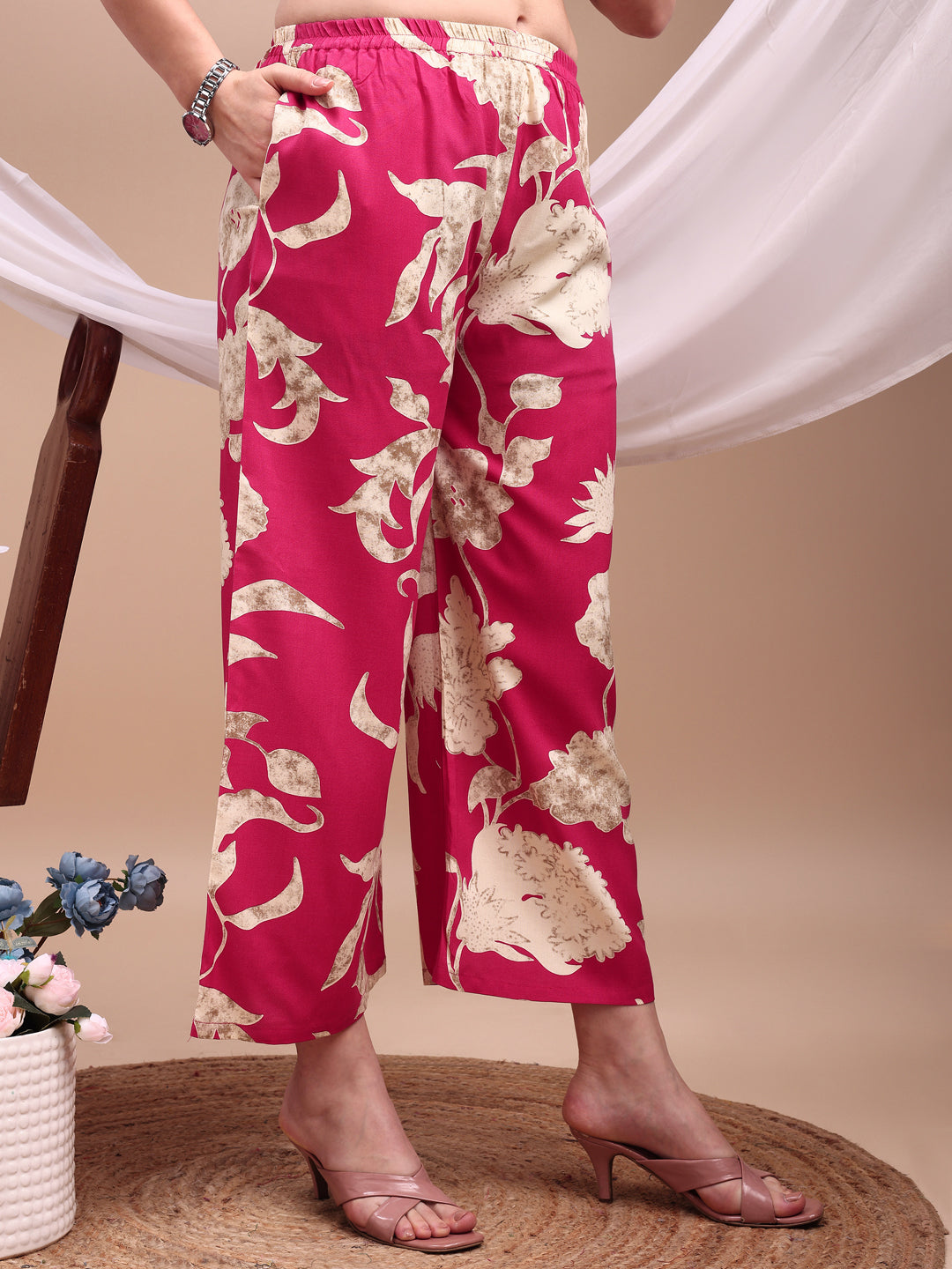 Floral Printed Kurta With Palazzo Pant, Pink - Hiral Fashion