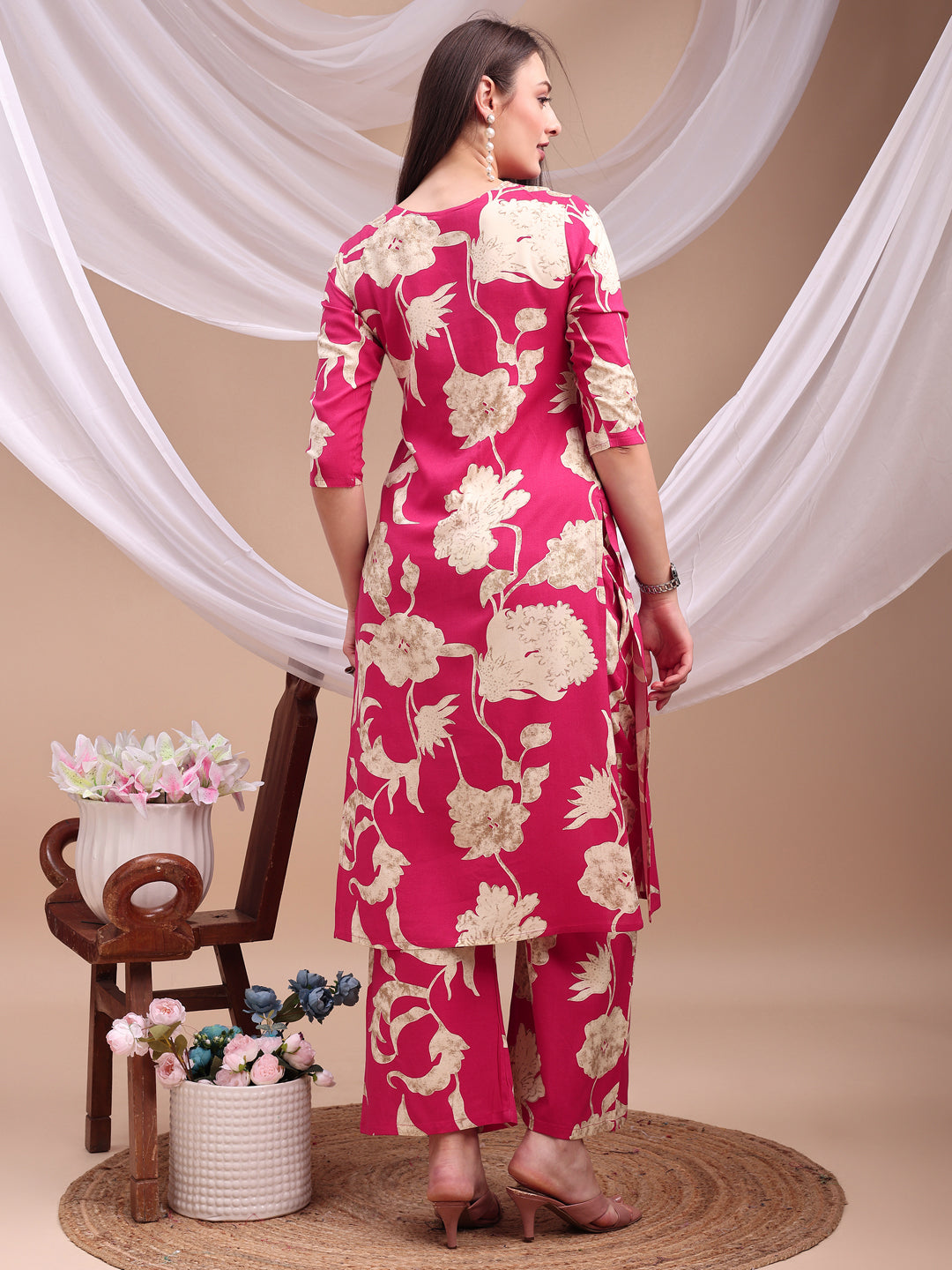 Floral Printed Kurta With Palazzo Pant, Pink - Hiral Fashion
