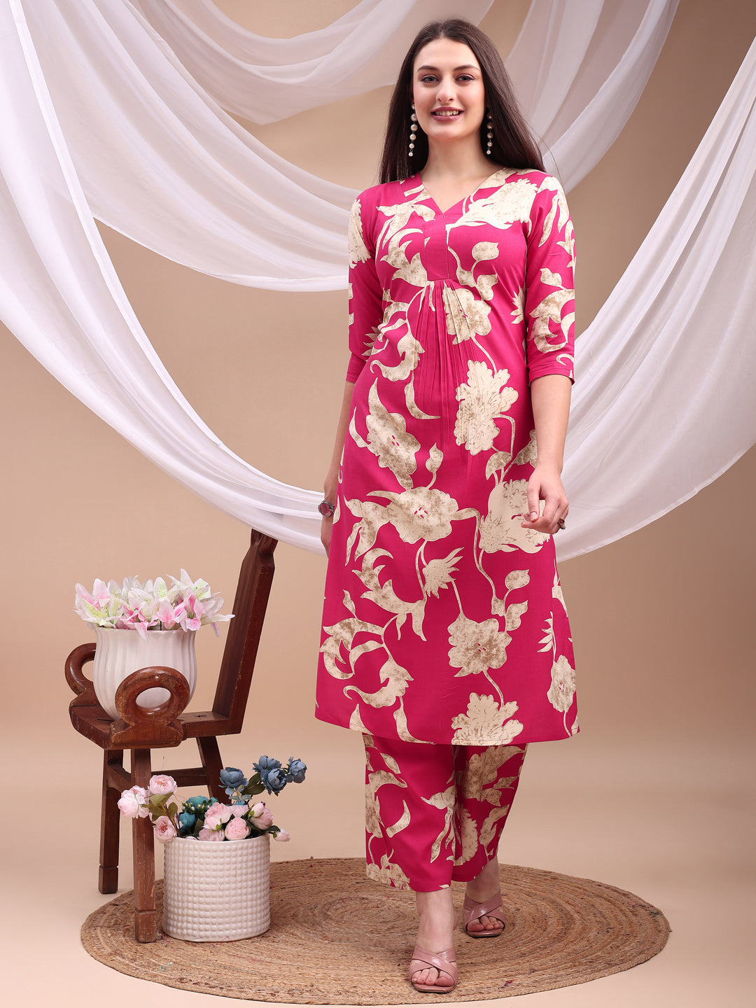 Floral Printed Kurta With Palazzo Pant, Pink - Hiral Fashion