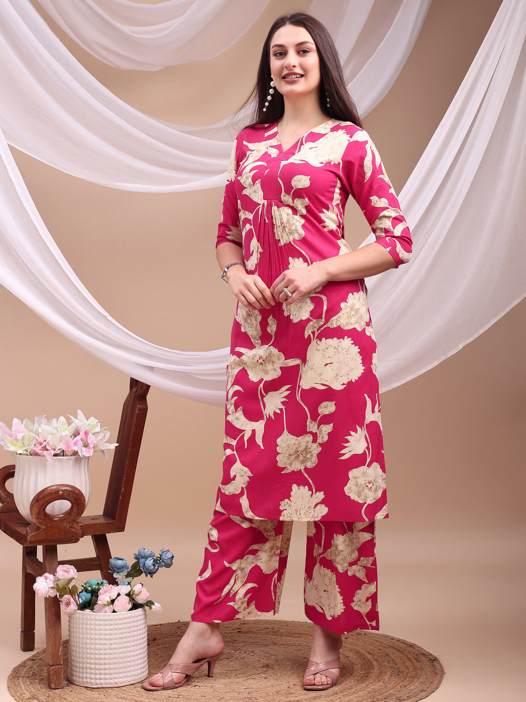 Floral Printed Kurta With Palazzo Pant, Pink - Hiral Fashion
