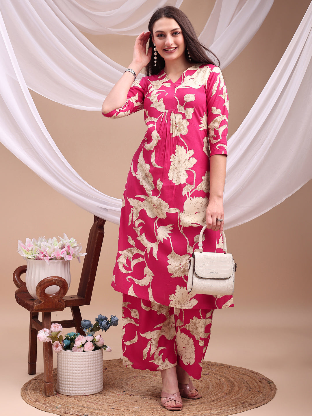 Floral Printed Kurta With Palazzo Pant, Pink - Hiral Fashion