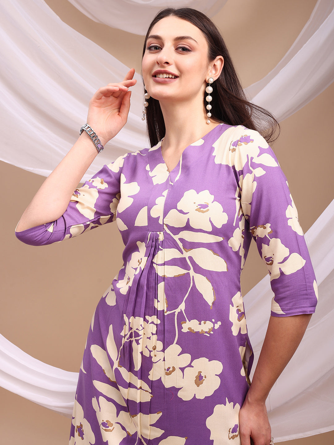 Floral Printed Kurta With Palazzo Pant, Lavender - Hiral Fashion