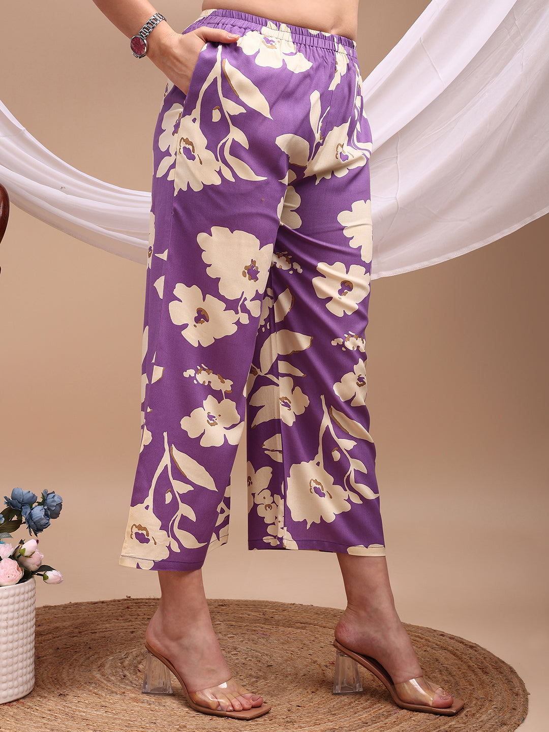 Floral Printed Kurta With Palazzo Pant, Lavender - Hiral Fashion