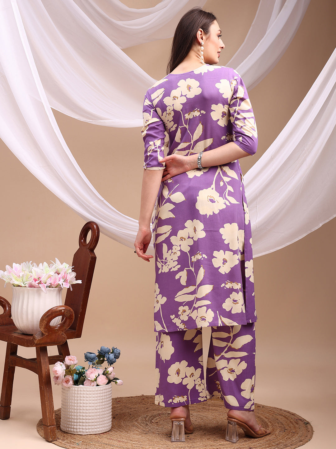 Floral Printed Kurta With Palazzo Pant, Lavender - Hiral Fashion