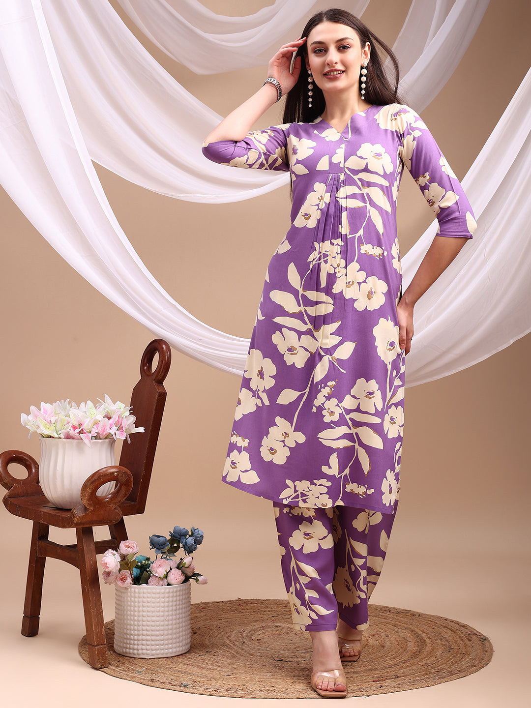 Floral Printed Kurta With Palazzo Pant, Lavender - Hiral Fashion