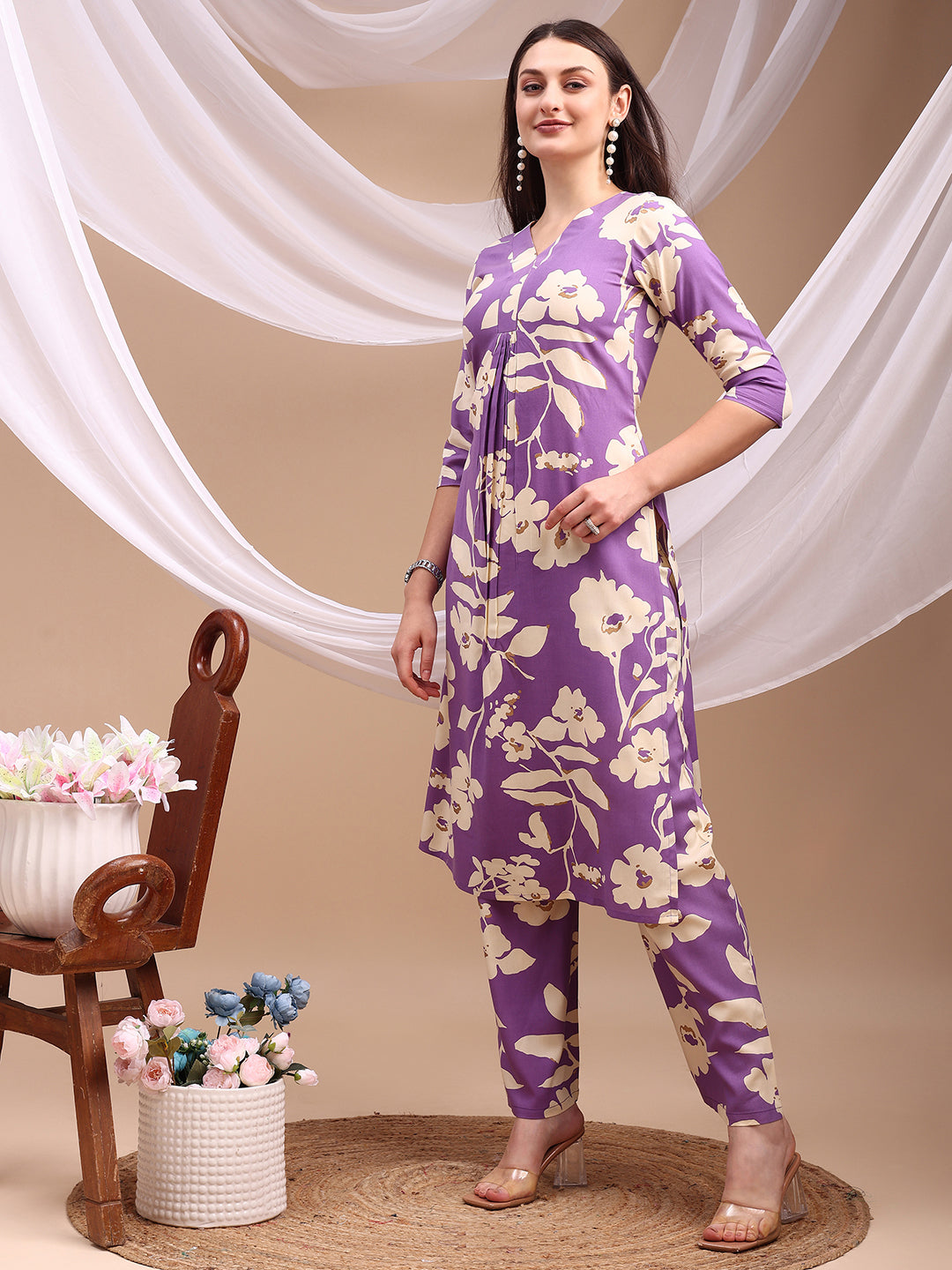 Floral Printed Kurta With Palazzo Pant, Lavender - Hiral Fashion