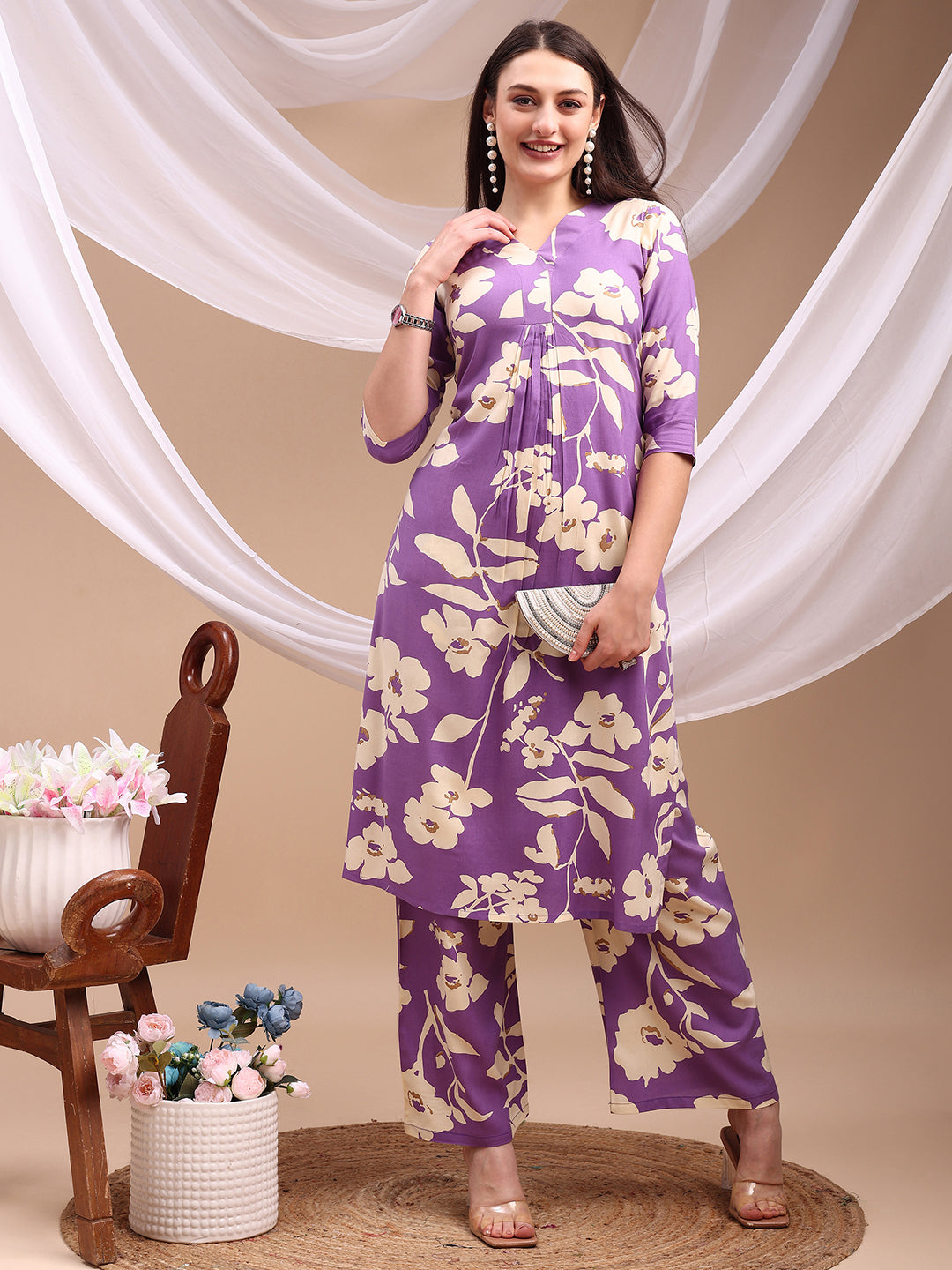Floral Printed Kurta With Palazzo Pant, Lavender - Hiral Fashion