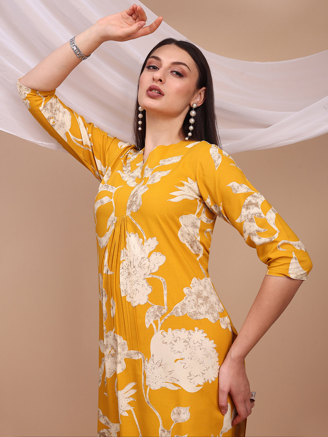 Floral Printed Kurta With Palazzo Pant, Yellow - Hiral Fashion