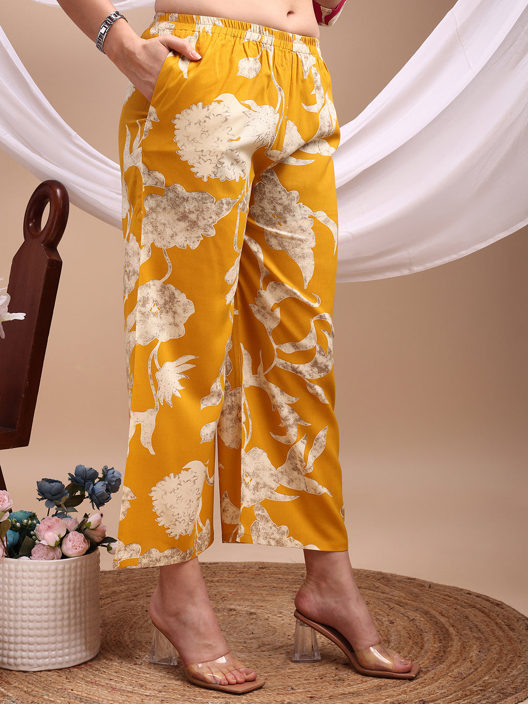 Floral Printed Kurta With Palazzo Pant, Yellow - Hiral Fashion