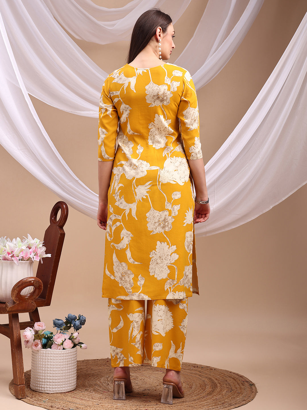 Floral Printed Kurta With Palazzo Pant, Yellow - Hiral Fashion