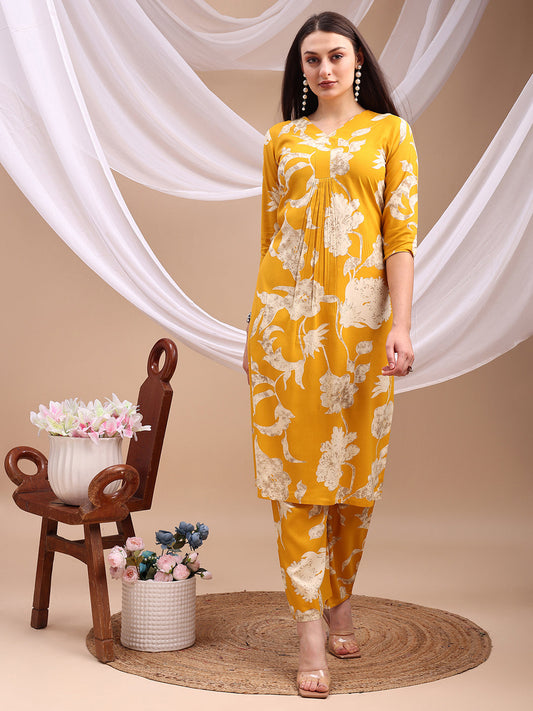 Floral Printed Kurta With Palazzo Pant, Yellow - Hiral Fashion