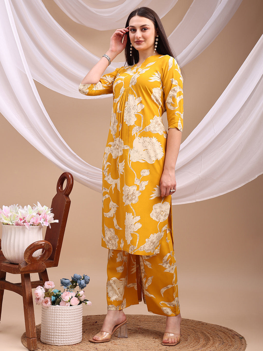 Floral Printed Kurta With Palazzo Pant, Yellow - Hiral Fashion