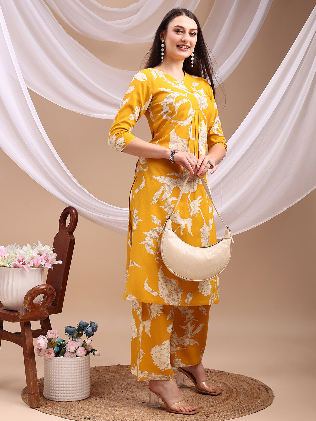 Floral Printed Kurta With Palazzo Pant, Yellow - Hiral Fashion
