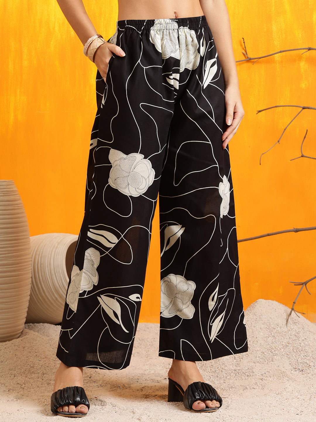 Printed Kurta With Palazzo Pants, Black - Hiral Fashion