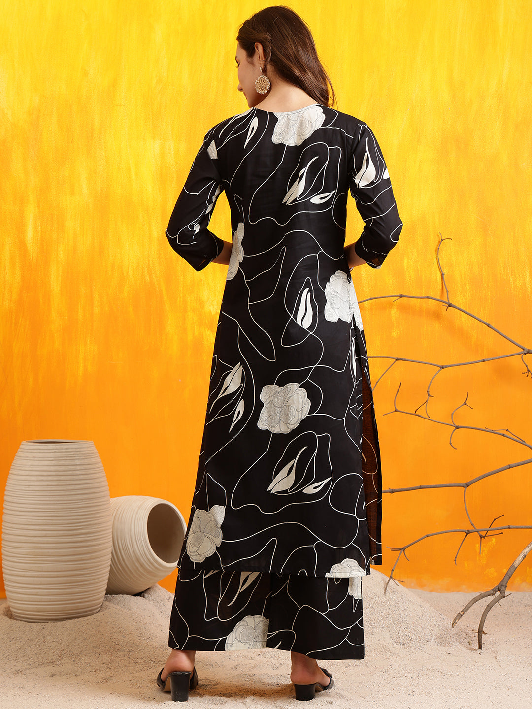 Printed Kurta With Palazzo Pants, Black - Hiral Fashion