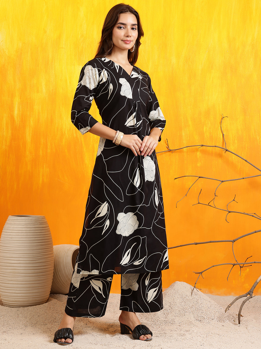 Printed Kurta With Palazzo Pants, Black - Hiral Fashion