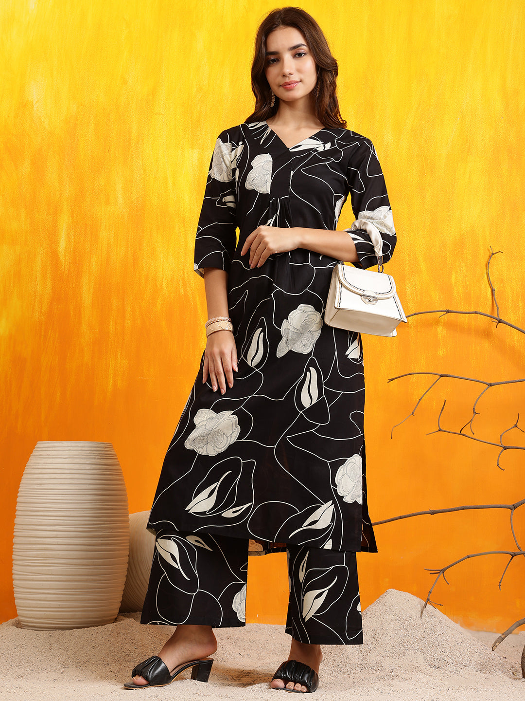 Printed Kurta With Palazzo Pants, Black - Hiral Fashion