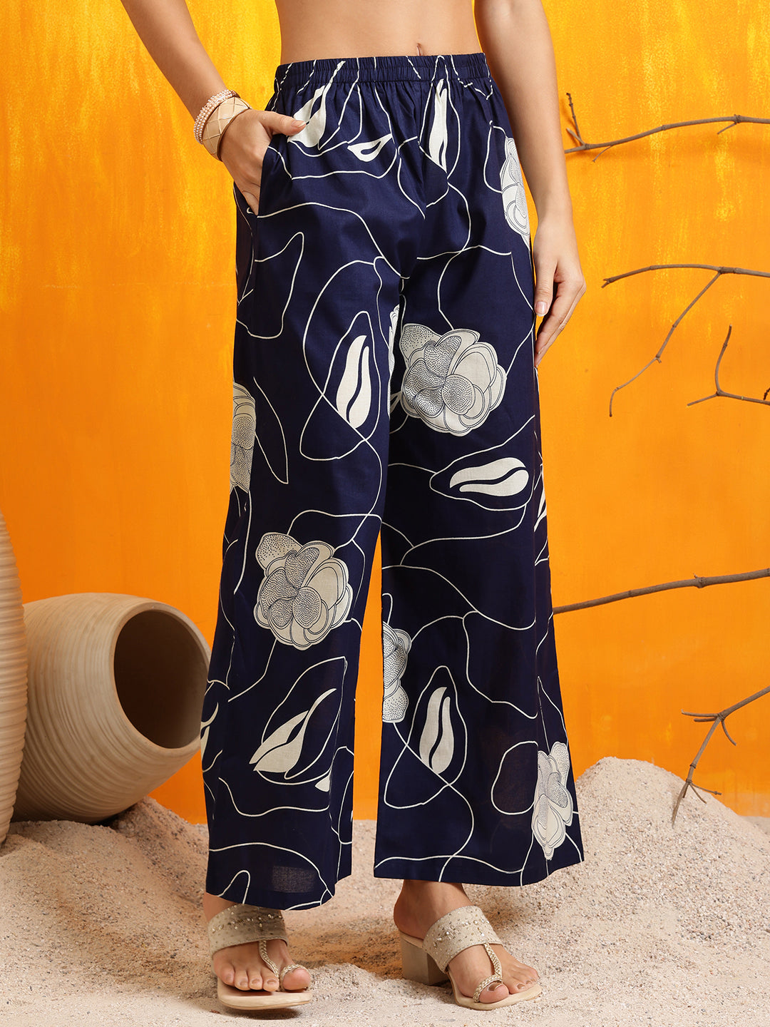 Printed Kurta With Palazzo Pants, Navy Blue - Hiral Fashion