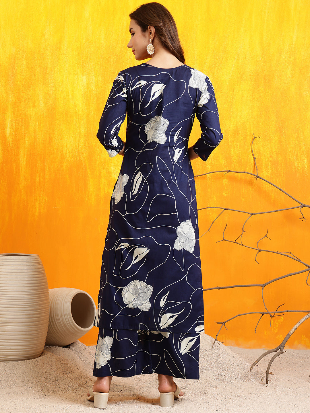 Printed Kurta With Palazzo Pants, Navy Blue - Hiral Fashion