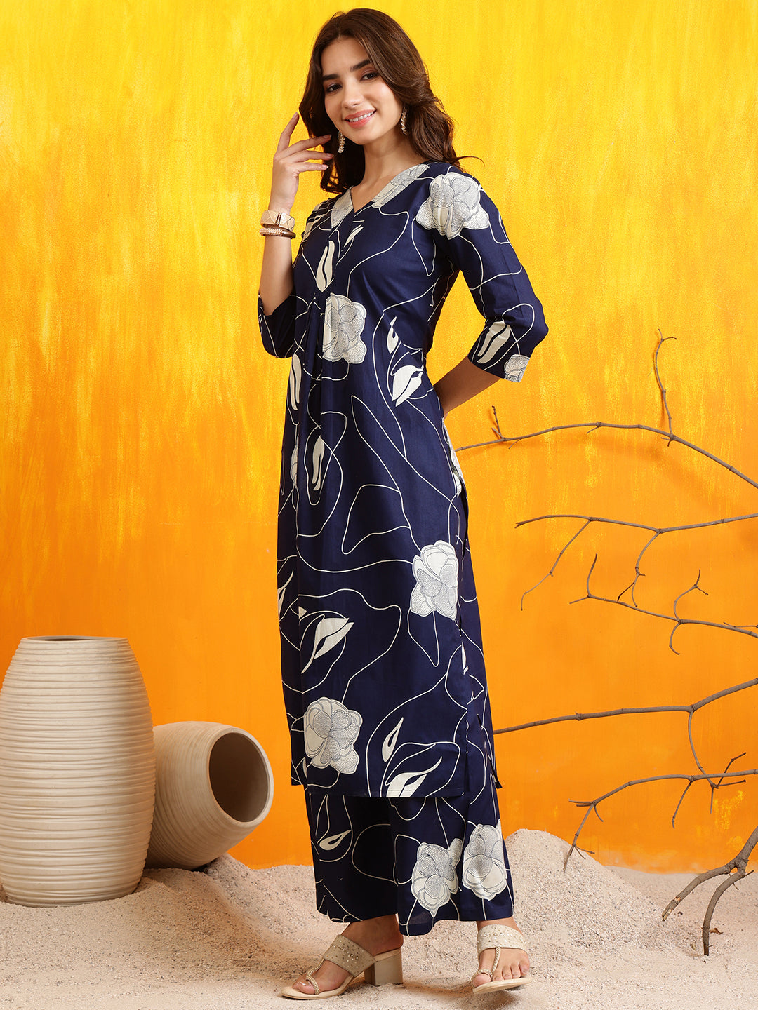 Printed Kurta With Palazzo Pants, Navy Blue - Hiral Fashion