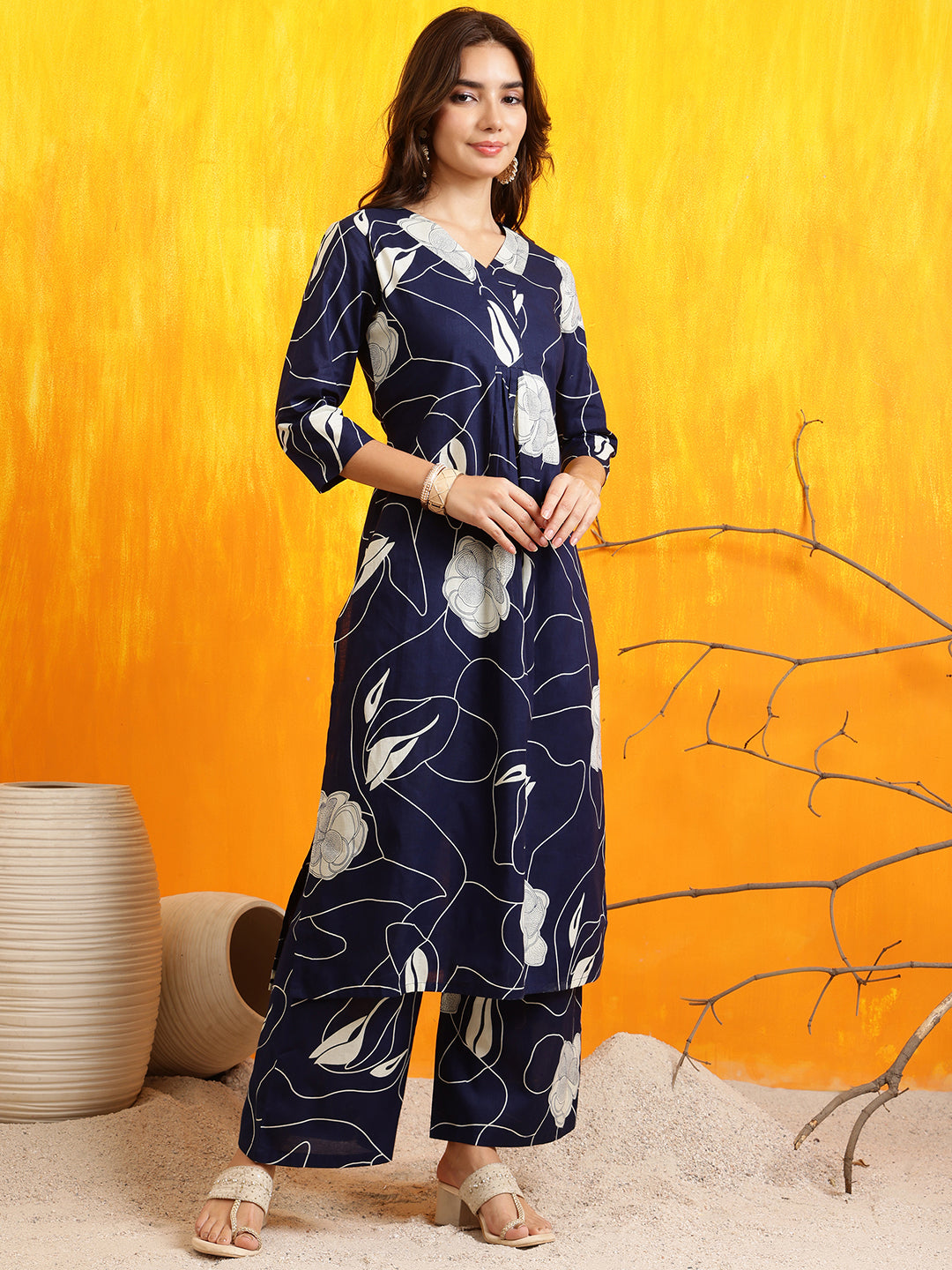 Printed Kurta With Palazzo Pants, Navy Blue - Hiral Fashion