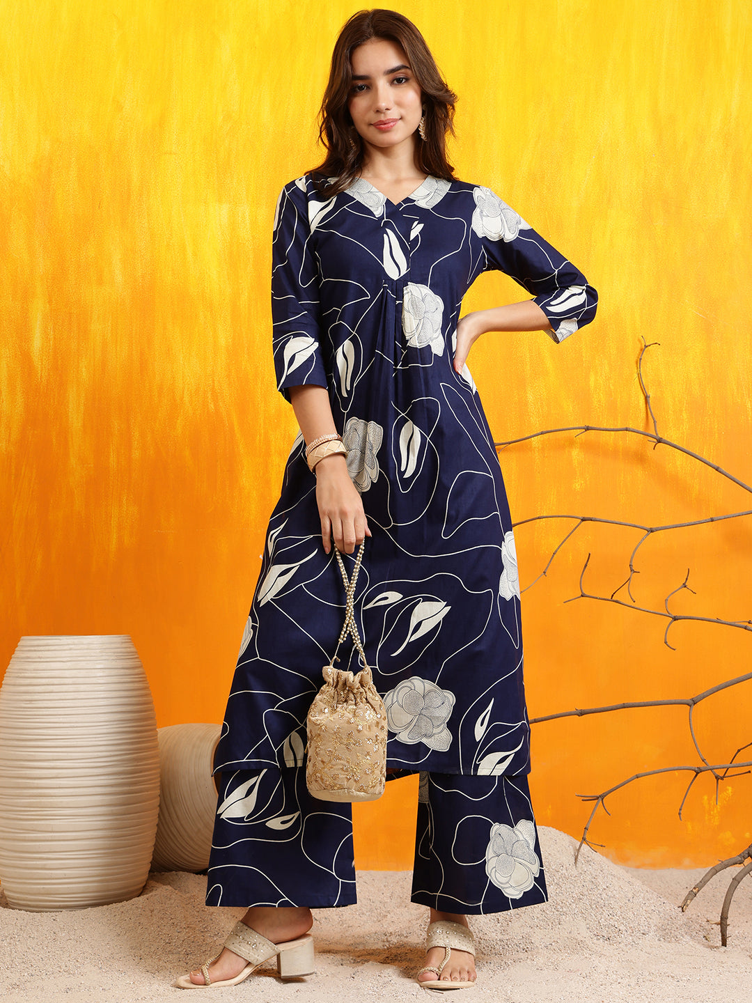 Printed Kurta With Palazzo Pants, Navy Blue - Hiral Fashion
