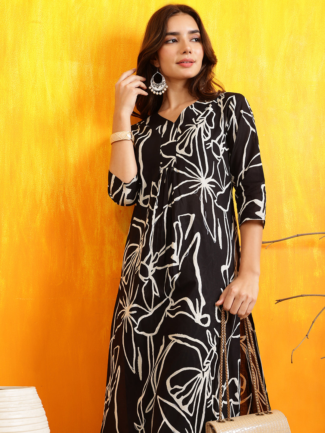 Printed Kurta With Palazzo Pants, Black - Hiral Fashion