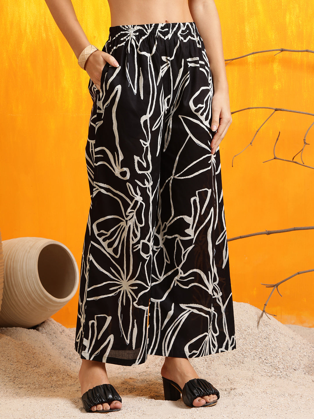 Printed Kurta With Palazzo Pants, Black - Hiral Fashion