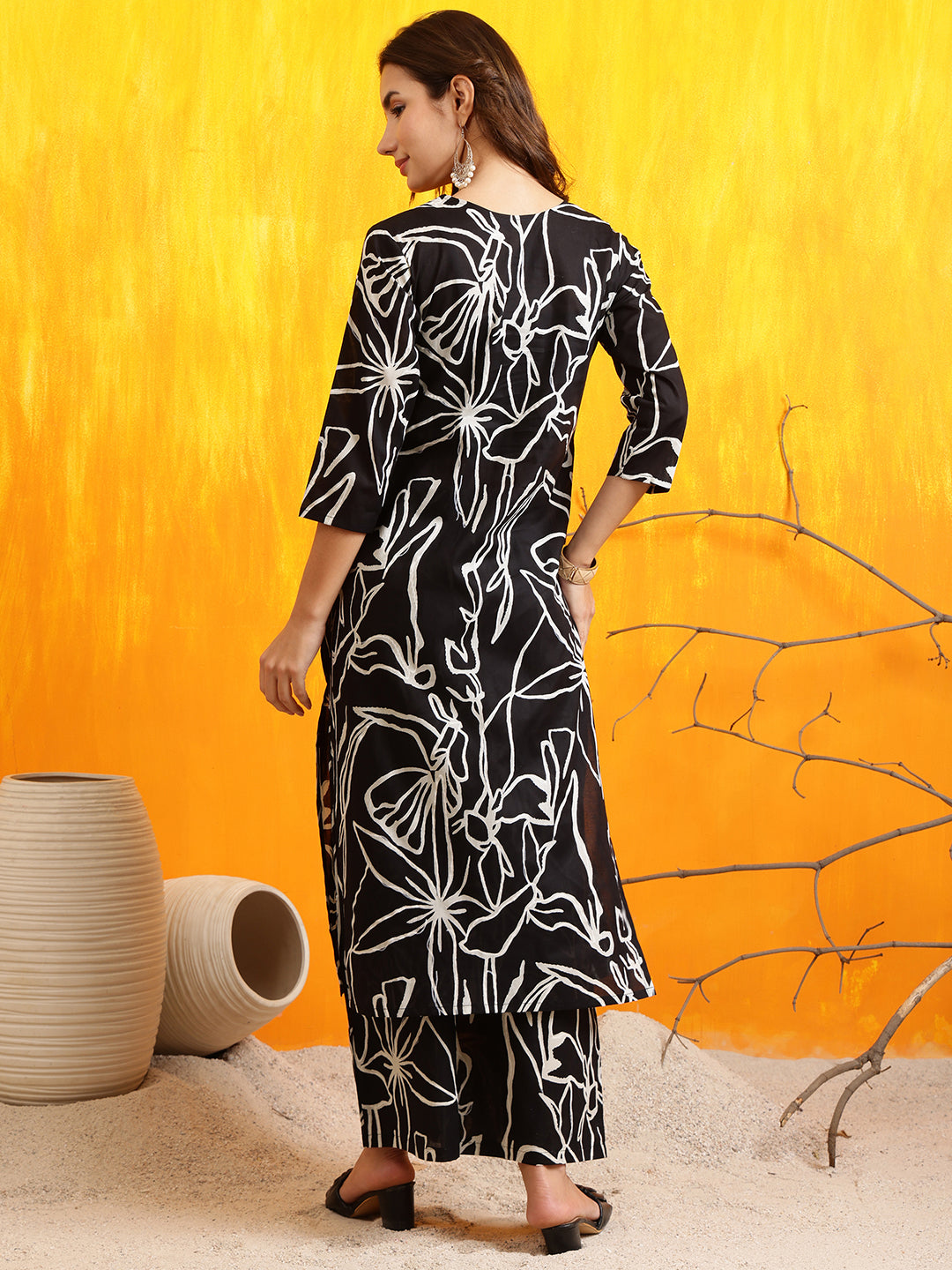 Printed Kurta With Palazzo Pants, Black - Hiral Fashion