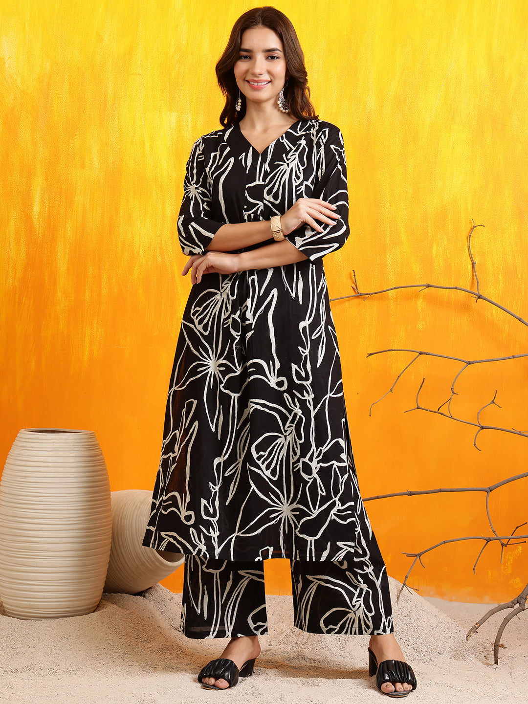 Printed Kurta With Palazzo Pants, Black - Hiral Fashion