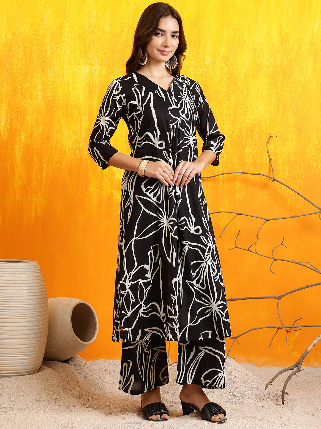 Printed Kurta With Palazzo Pants, Black - Hiral Fashion