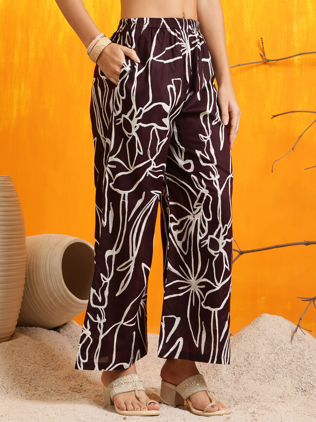 Printed Kurta With Palazzo Pants, Wine - Hiral Fashion