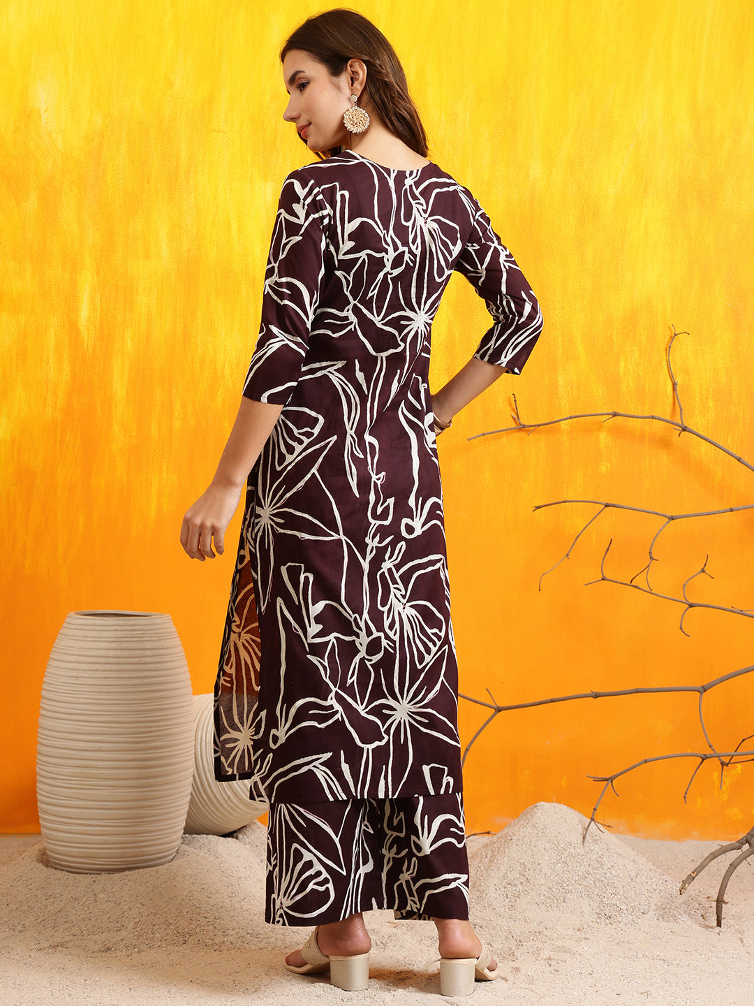 Printed Kurta With Palazzo Pants, Wine - Hiral Fashion