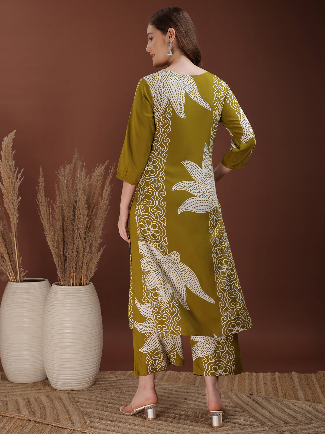 Hand Embroidered With Floral & Leaf Printed Kurta And Palazzo, Olive - Hiral Fashion