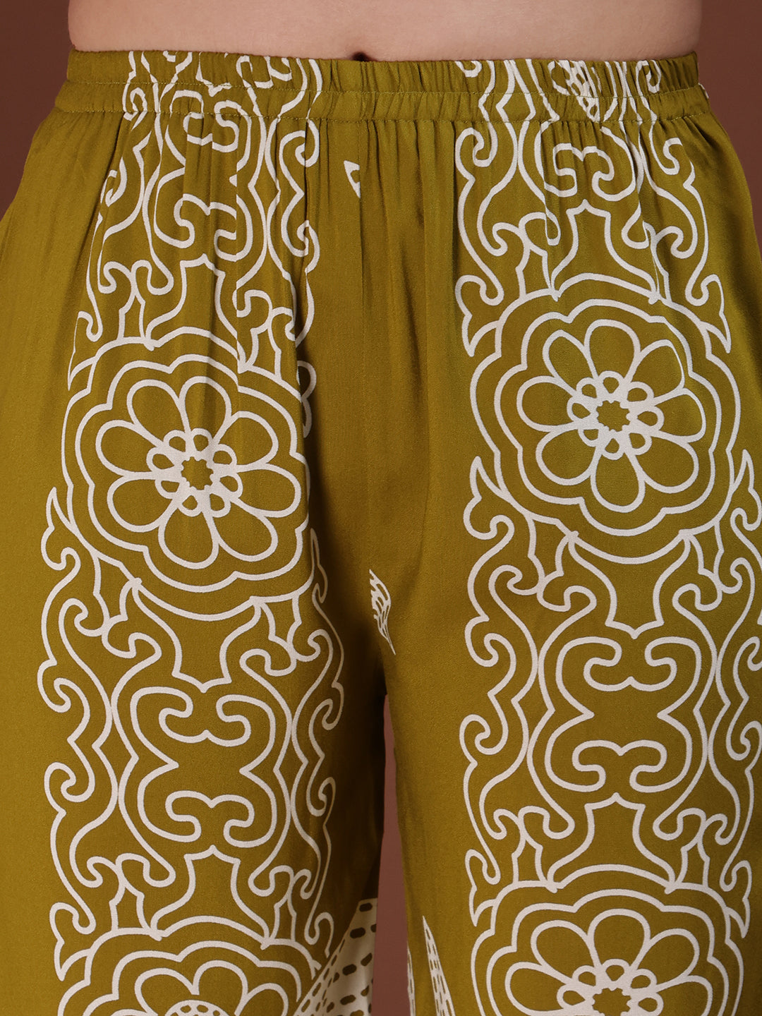 Hand Embroidered With Floral & Leaf Printed Kurta And Palazzo, Olive - Hiral Fashion