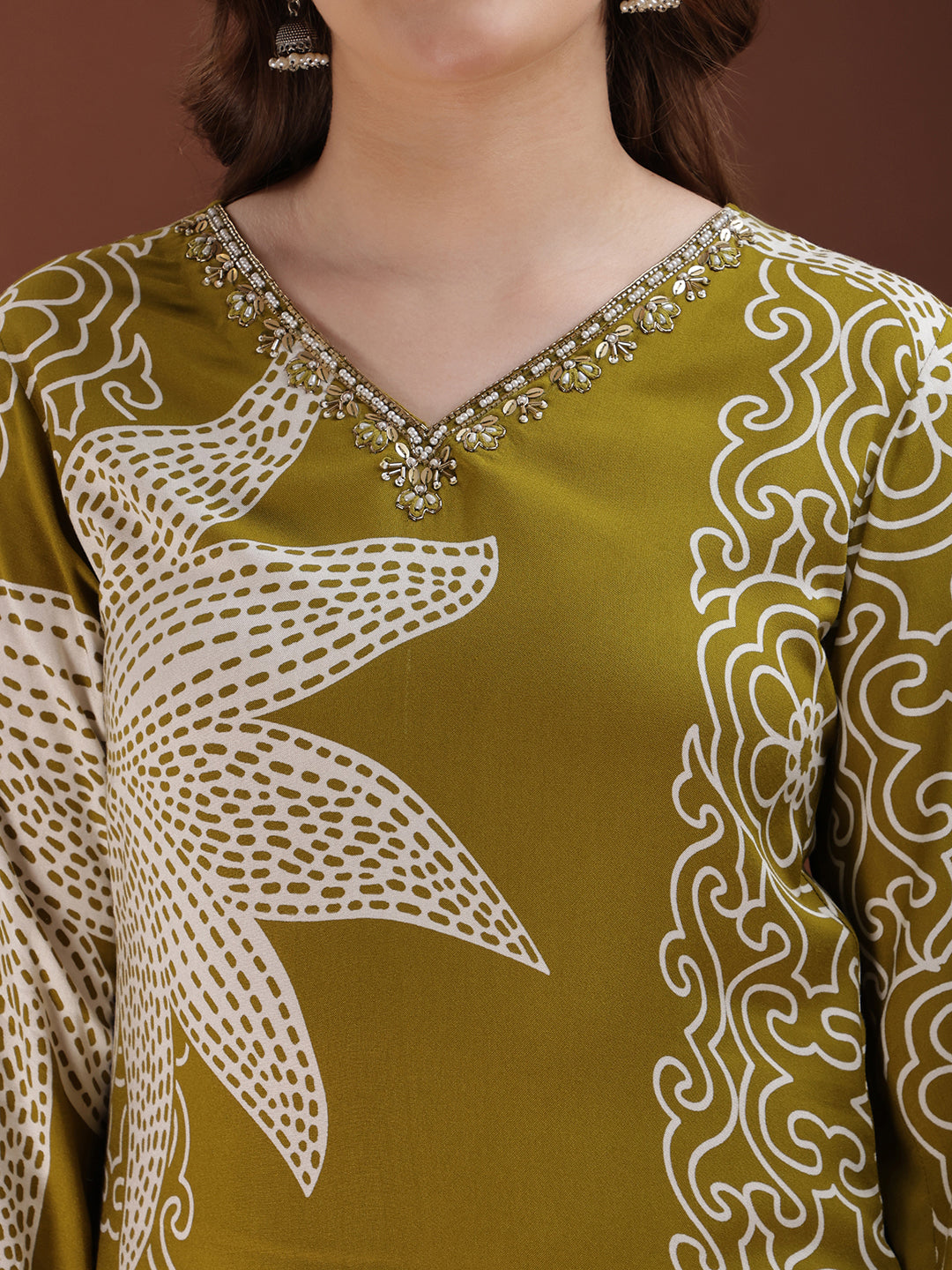 Hand Embroidered With Floral & Leaf Printed Kurta And Palazzo, Olive - Hiral Fashion