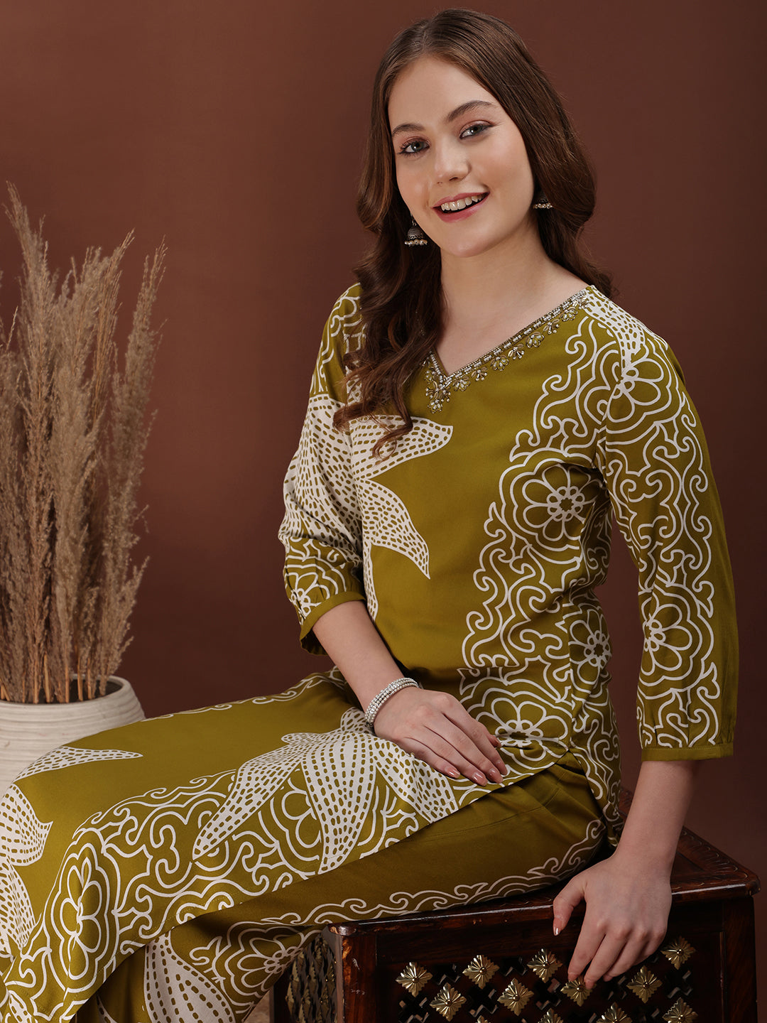Hand Embroidered With Floral & Leaf Printed Kurta And Palazzo, Olive - Hiral Fashion