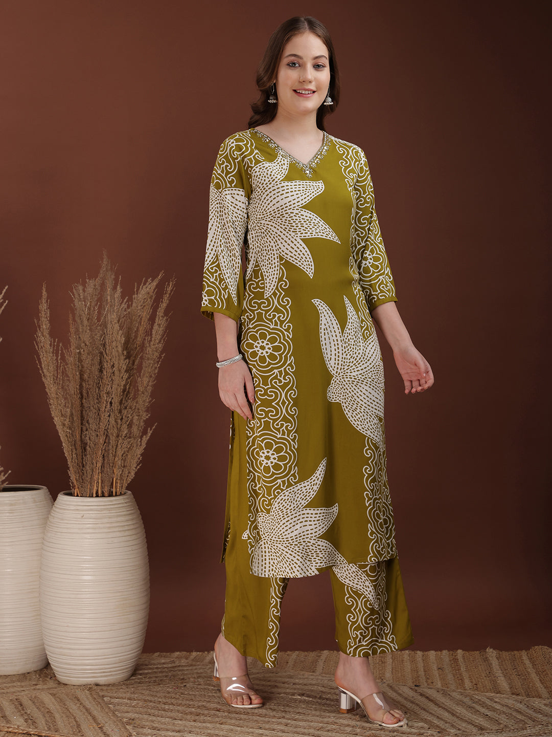 Hand Embroidered With Floral & Leaf Printed Kurta And Palazzo, Olive - Hiral Fashion