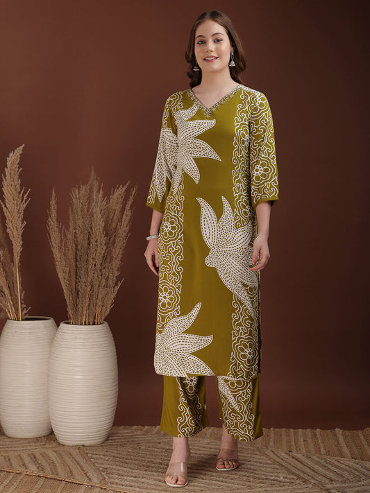 Hand Embroidered With Floral & Leaf Printed Kurta And Palazzo, Olive - Hiral Fashion