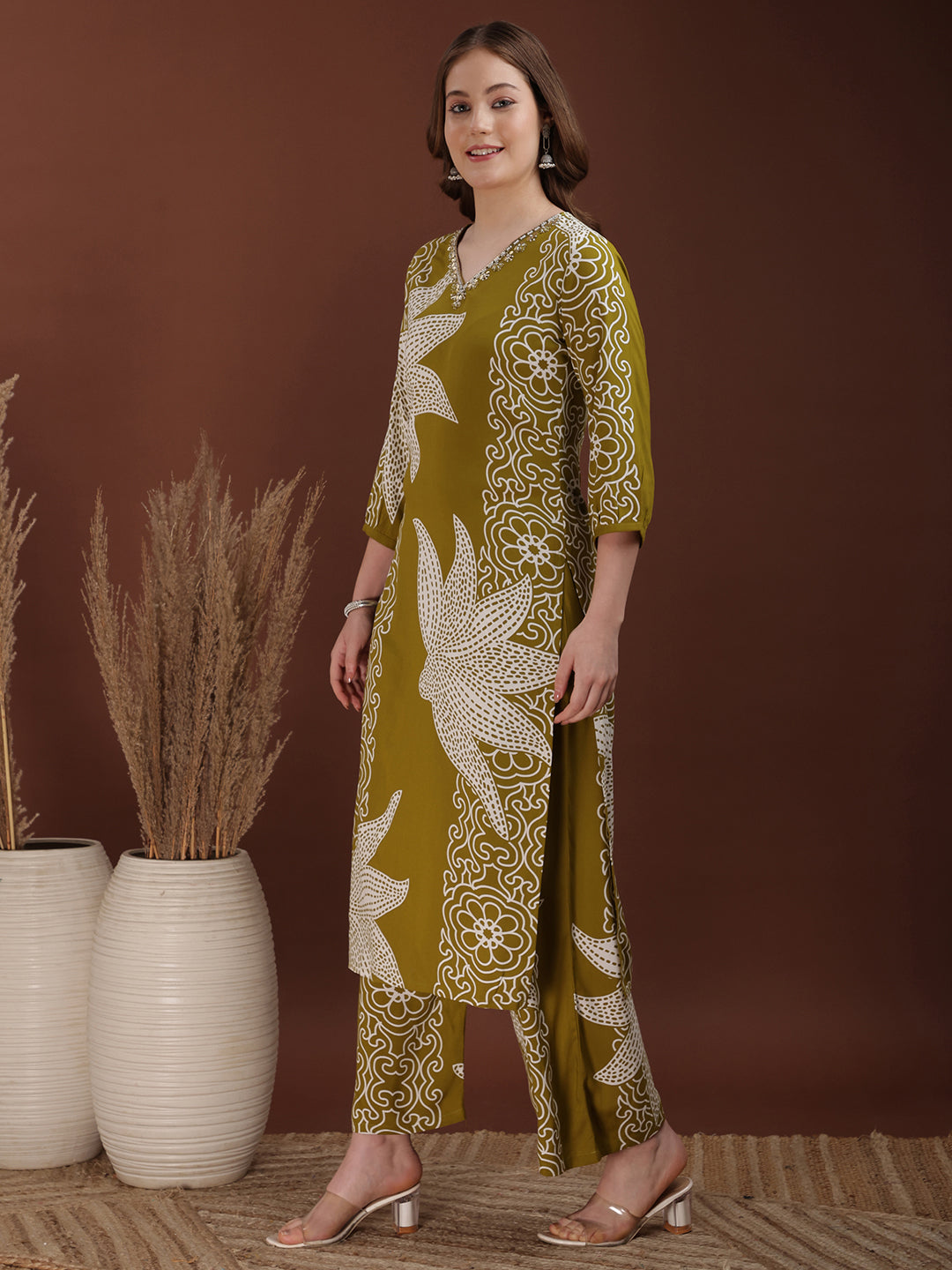 Hand Embroidered With Floral & Leaf Printed Kurta And Palazzo, Olive - Hiral Fashion