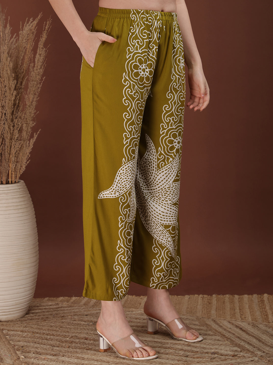 Hand Embroidered With Floral & Leaf Printed Kurta And Palazzo, Olive - Hiral Fashion