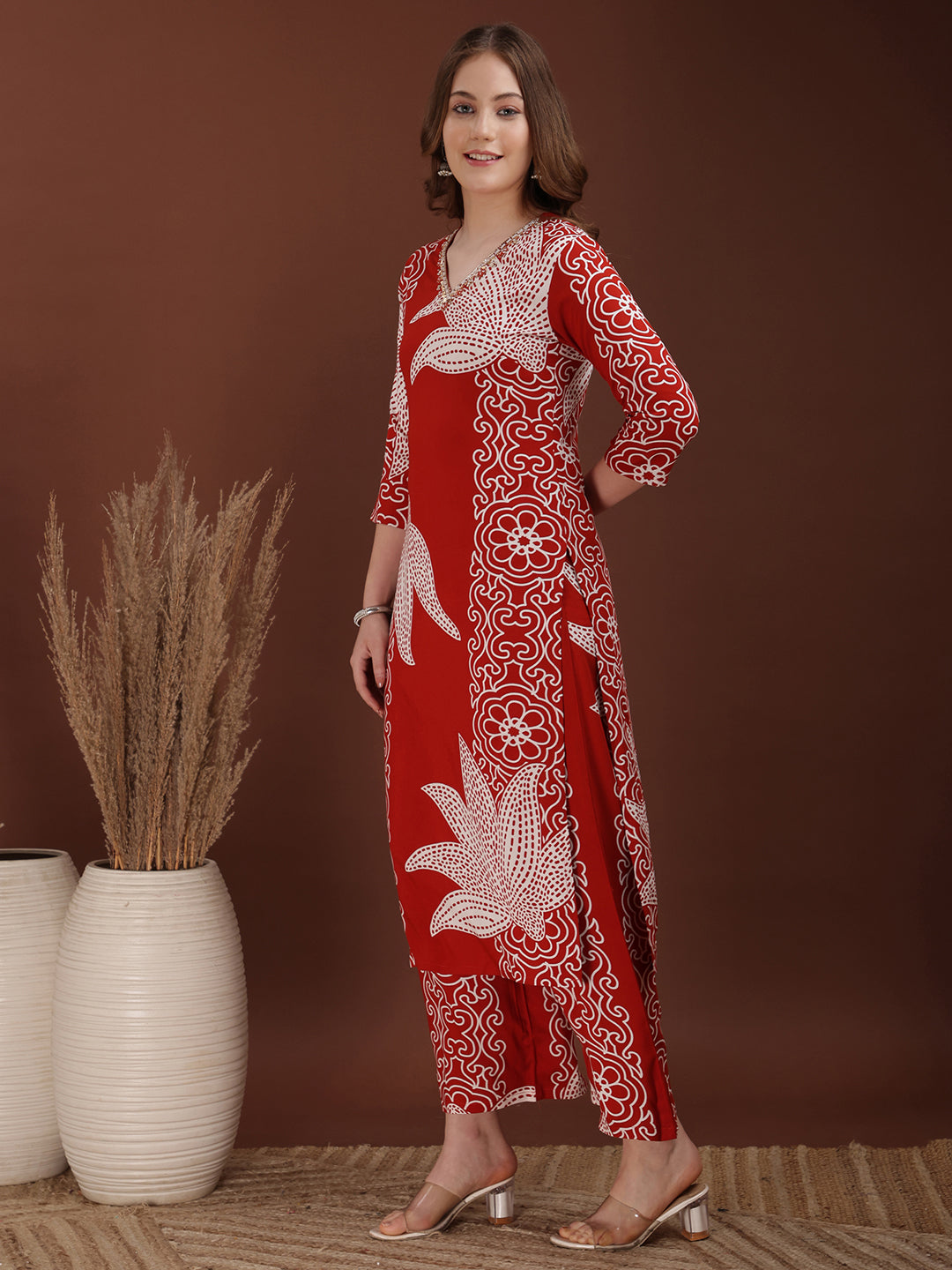 Hand Embroidered With Floral & Leaf Printed Kurta And Palazzo, Rust - Hiral Fashion