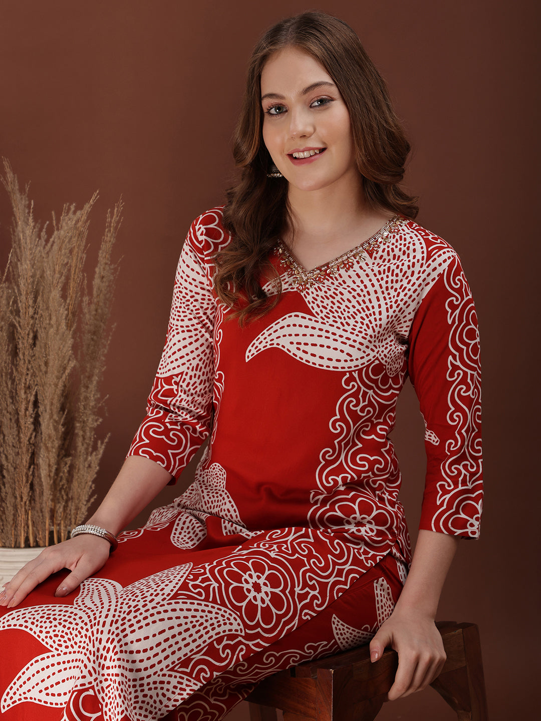 Hand Embroidered With Floral & Leaf Printed Kurta And Palazzo, Rust - Hiral Fashion